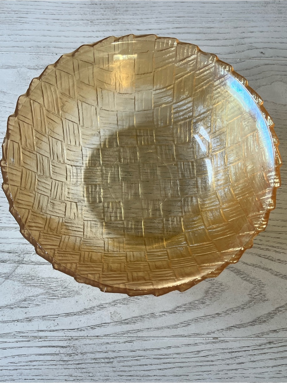 Vintage Iridescent Amber Basket Weave Glass Bowl- 9.5”